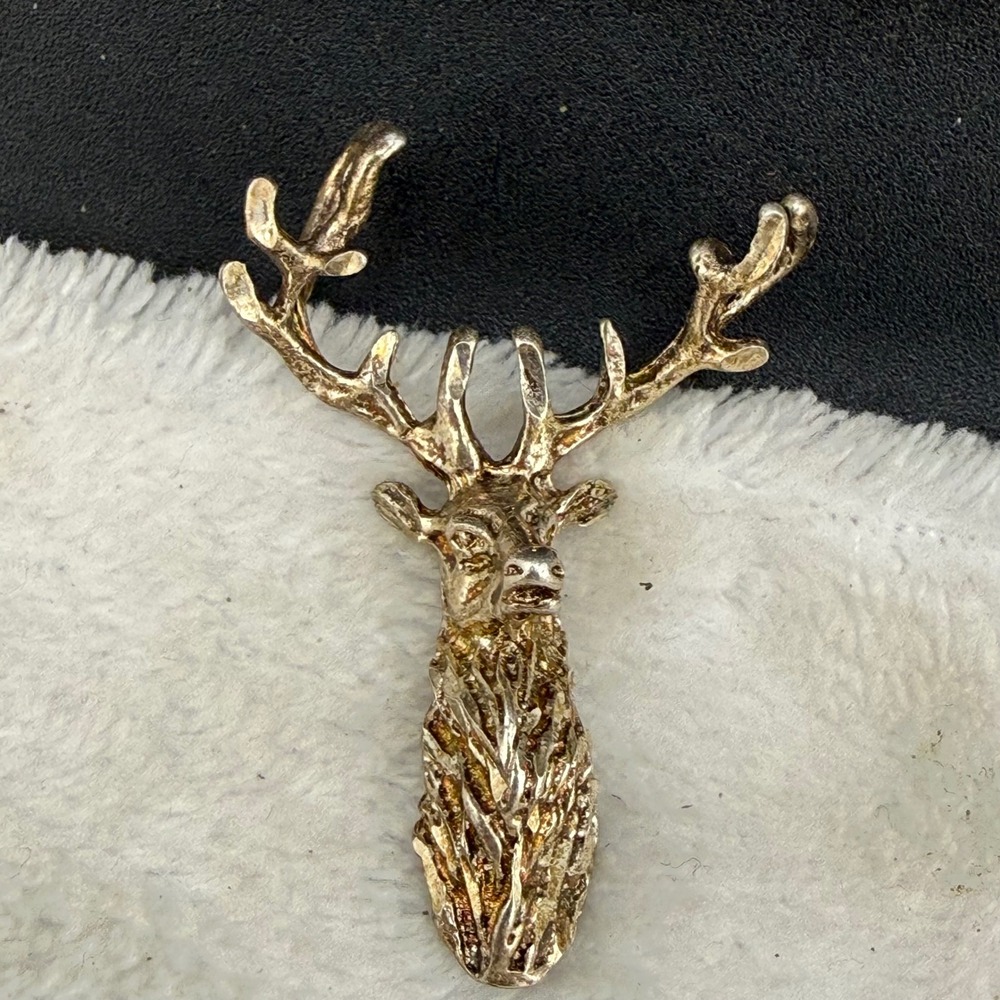 Vintage Pendant Deer Gold Tone Textured Antler Stag 925 READ